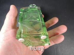 Moser Green Intaglio Cut Crystal Perfume Bottle Signed Art Glass Bohemia