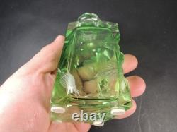 Moser Green Intaglio Cut Crystal Perfume Bottle Signed Art Glass Bohemia