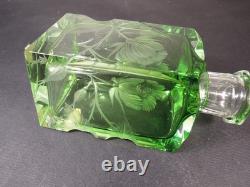 Moser Green Intaglio Cut Crystal Perfume Bottle Signed Art Glass Bohemia