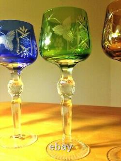 Multi-Color Cut to Clear Crystal Wine Glasses Set of 6 Czech-Bohemian Green Blue