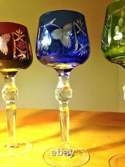 Multi-Color Cut to Clear Crystal Wine Glasses Set of 6 Czech-Bohemian Green Blue