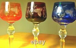 Multi-Color Cut to Clear Crystal Wine Glasses Set of 6 Czech-Bohemian Green Blue