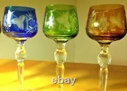 Multi-Color Cut to Clear Crystal Wine Glasses Set of 6 Czech-Bohemian Green Blue