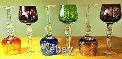 Multi-Color Cut to Clear Crystal Wine Glasses Set of 6 Czech-Bohemian Green Blue