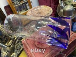 Murano Glass Cobalt Leaf Centrepiece Vase 10Urn Cut Crystal Art Deco Vintage