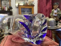 Murano Glass Cobalt Leaf Centrepiece Vase 10Urn Cut Crystal Art Deco Vintage