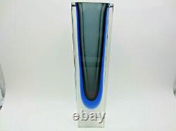 Murano block facet cut Murano blue grey Mandruzzato art glass vase