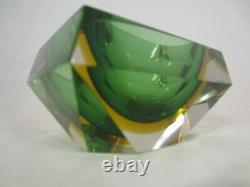 Murano geometric block cut green amber sommerso faceted art glass bowl