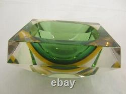 Murano geometric block cut green amber sommerso faceted art glass bowl