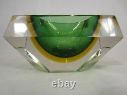 Murano geometric block cut green amber sommerso faceted art glass bowl