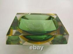 Murano geometric block cut green amber sommerso faceted art glass bowl