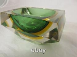 Murano geometric block cut green amber sommerso faceted art glass bowl