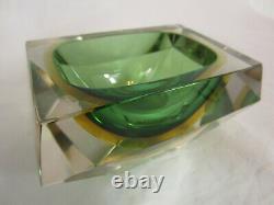 Murano geometric block cut green amber sommerso faceted art glass bowl