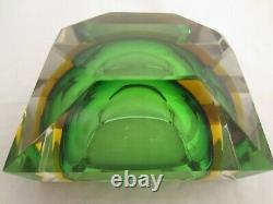 Murano geometric block cut green amber sommerso faceted art glass bowl