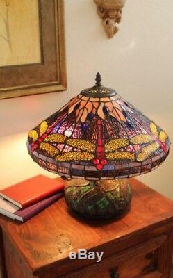 NB Tiffany Style Dragonfly Lamp Cut Stained Glass Reading Table Desk Mosaic Base
