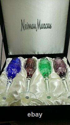 NEW IN BOX VINTAGE CZECH 4 Champagne Flutes Cut To Clear Cobalt Prpl Green Red