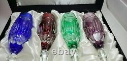 NEW IN BOX VINTAGE CZECH 4 Champagne Flutes Cut To Clear Cobalt Prpl Green Red