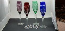 NEW IN BOX VINTAGE CZECH 4 Champagne Flutes Cut To Clear Cobalt Prpl Green Red