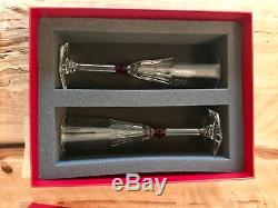 NIB 2 Baccarat Harcourt Eve Champagne Flutes Cut Blown Clear Crystal, Red Knob