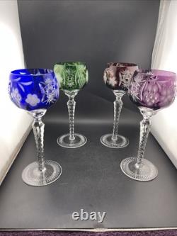 Nachtmann Bohemian Hock Wine Glasses Set 4 Cut Crystal Grapes Colored