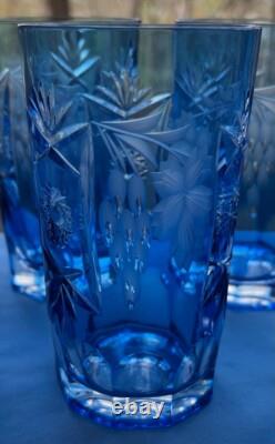 Nachtmann Crystal Traube Blue Cut to Clear 5 1/8 Highball Tumbler Glass 11 Oz
