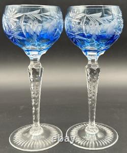 Nachtmann Traube Grape Cut Clear Crystal Hock Wine Glass Goblet Blue Pair