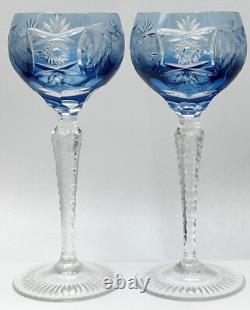 Nachtmann Traube Grape Cut Clear Crystal Hock Wine Glass Goblet Blue Pair