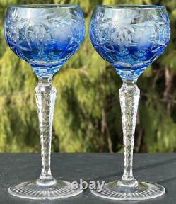 Nachtmann Traube Grape Cut Clear Crystal Hock Wine Glass Goblet Blue Pair