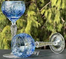Nachtmann Traube Grape Cut Clear Crystal Hock Wine Glass Goblet Blue Pair