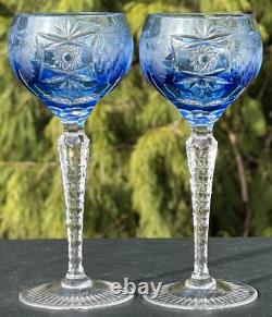 Nachtmann Traube Grape Cut Clear Crystal Hock Wine Glass Goblet Blue Pair