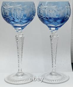 Nachtmann Traube Grape Cut Clear Crystal Hock Wine Glass Goblet Blue Pair