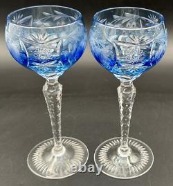Nachtmann Traube Grape Cut Clear Crystal Hock Wine Glass Goblet Blue Pair