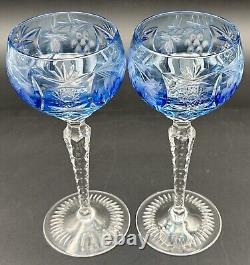 Nachtmann Traube Grape Cut Clear Crystal Hock Wine Glass Goblet Blue Pair