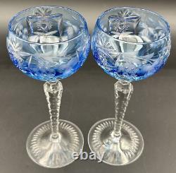 Nachtmann Traube Grape Cut Clear Crystal Hock Wine Glass Goblet Blue Pair