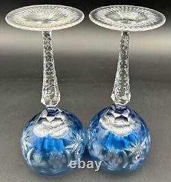Nachtmann Traube Grape Cut Clear Crystal Hock Wine Glass Goblet Blue Pair