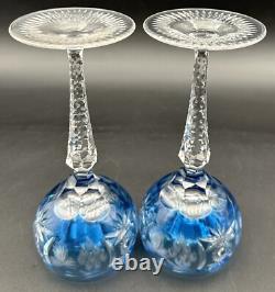 Nachtmann Traube Grape Cut Clear Crystal Hock Wine Glass Goblet Blue Pair