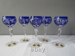 Nachtmann Traube Lot of 5 Cobalt Blue Cut to Clear Crystal Wine Glasses 7 NIB