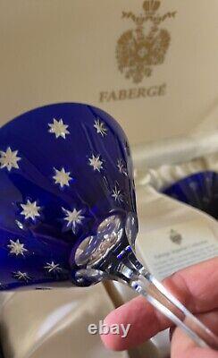 New FABERGE Pair Of Martini Glass Na Zdorovye Cut Clear Crystal Cobalt Blue