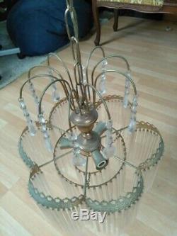 Old Italian Brass Lamp Sconce chandelier + cut & tubular Crystal glass from 50´s