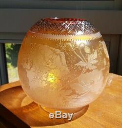 Original Victorian Amber cut glass crystal etched floral oil lamp shade 4 inch