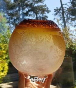 Original Victorian Amber cut glass crystal etched floral oil lamp shade 4 inch