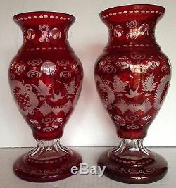 PAIR Antique Bohemian Castle Crystal Glass Ruby Cut to Clear Vases Large 12