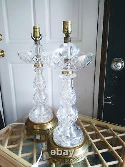 PAIR Antique Cut Crystal Glass & Brass Table Lamp 24 Tall