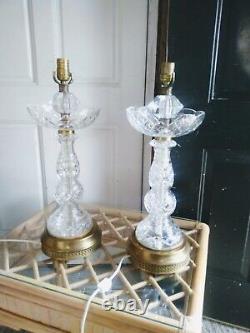 PAIR Antique Cut Crystal Glass & Brass Table Lamp 24 Tall