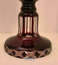 PAIR OF BOHEMIAN CUT CRYSTAL CUT TO CLEAR RUBY GLASS CANDLE HOLDERS 12 In