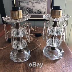 PAIR SMALL VINTAGE CUT CRYSTAL GLASS LAMPS With PRISMS switched cord
