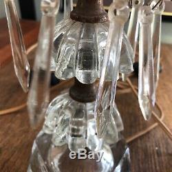 PAIR SMALL VINTAGE CUT CRYSTAL GLASS LAMPS With PRISMS switched cord