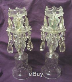PAIR of Antique Cut Glass Mantel Lusters, Crystal Candlestick Lamps, Prisms. NR