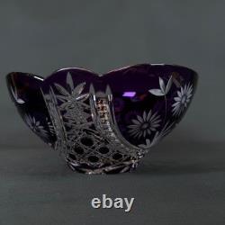 PURPLE Bohemian Czech Amethyst Cut to Clear Crystal class Bowl 9.5 Vintage RARE