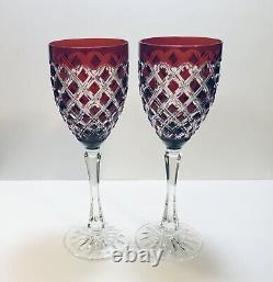 Pair Ajka Athenee Ruby Red Cut To Clear Crystal Wine Glasses